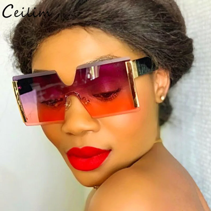 

2020 New Big Frame Oversize Sunglasses Women Brand Designer Rimless Square Shades Vintage Fashion Gradient Clear Sun Glasses