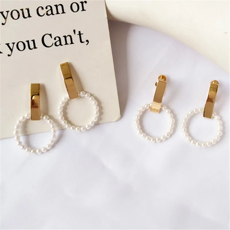 

Fashion metal contracted geometric shape stud earrings female beautiful pearl earrings ear clip Metal pearl earrings for women