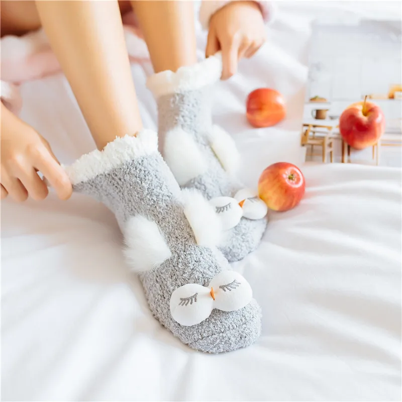 Домашние женские теплые мягкие носки-тапочки с милыми животными, совой, Кроликом, плотные Повседневные носки, домашние удобные носки для девочек