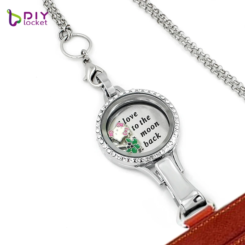 

diylocket Silver crystal LANYARD lockets necklace magnetic glass floating charm locket pendant chains for free Zinc Alloy