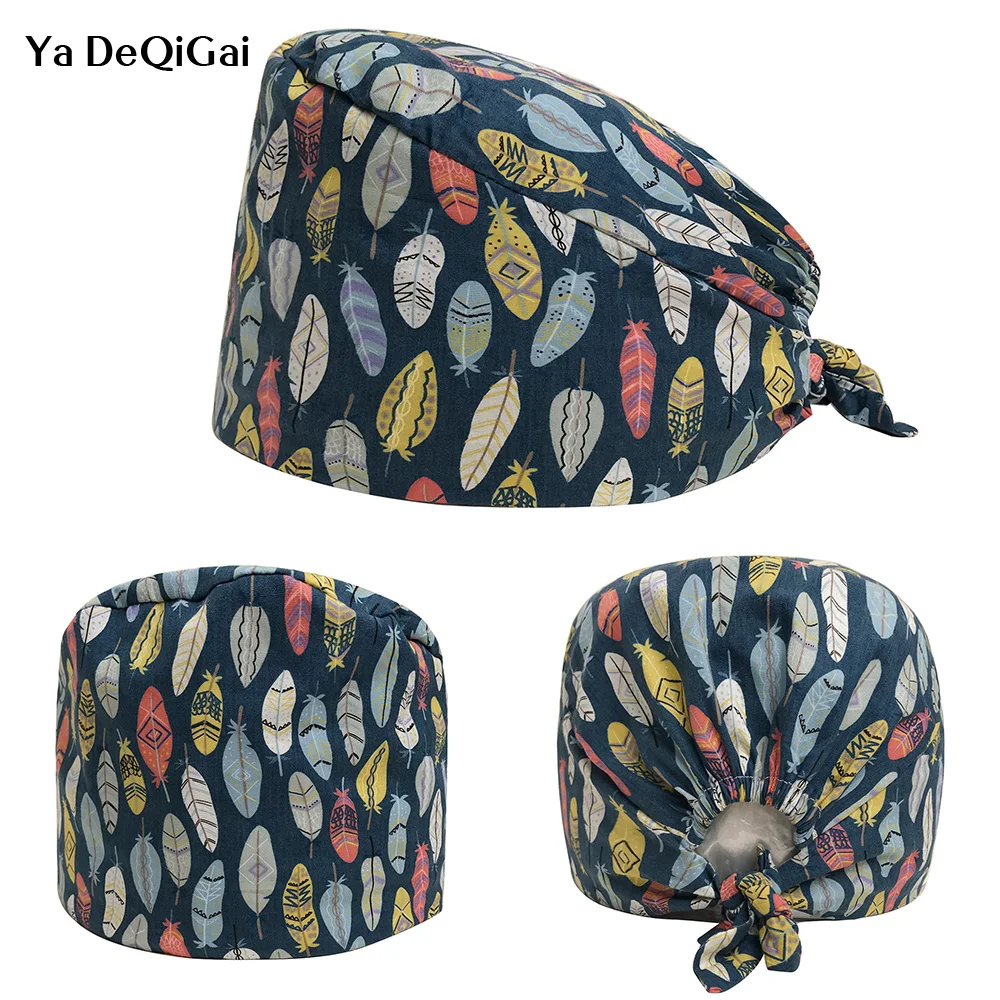 

New feather Print Designer Surgical Caps Medical Operation Theater Cap Pattern Elastic Surgeon Hat 100% Cotton nurse medical Hat