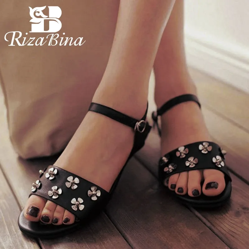 

RizaBina Simple Flats Sandals Flower Rivet Ankle Strap Flats Sandals Summer Vacation Shoes Leisure Women Footwears Size 32-40