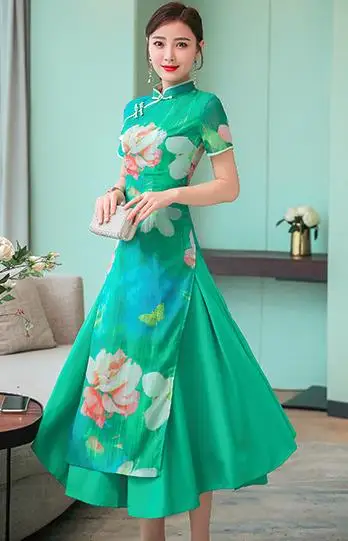 Зеленое платье Ципао в этническом стиле Вьетнам Ао Дай для женщин|ao dai dresses|ao daiao