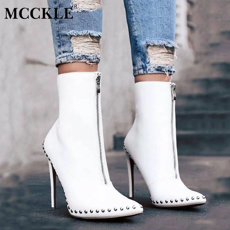 

MCCKLE Plus Size Women Sexy Stiletto Ankle Boots Female Pointed Toe Zipper Rivets High Heels Pumps Ladies Fashion Party Shoes
