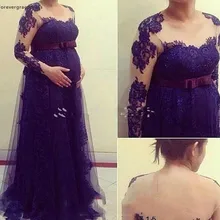 Сетчатые Длинные рукава Вечерние платья с аппликацией из тюля беременности и родам Для женщин праздничная одежда на День независимости США, для официального торжества выпускного вечера платья большого размера