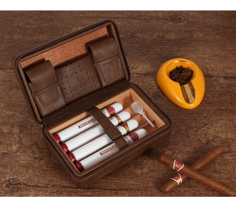 GALINER Leather Cigar Humidor Travel Cedar Wood Cigar Case 4 Tube Holder Sigaar Box For COHIBA Cuba Cigars Outdoor Humidor Box