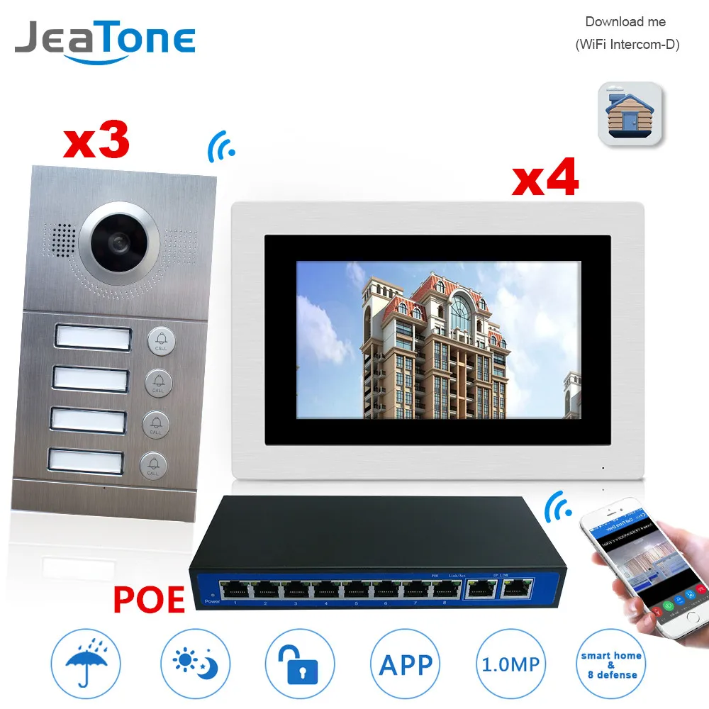 WIFI IP Video Door Phone Intercom System Video Doorbell 7'' Touch Screen for 3 doors 4 Floor Apartment/8 Zone Alarm w/POE Switch