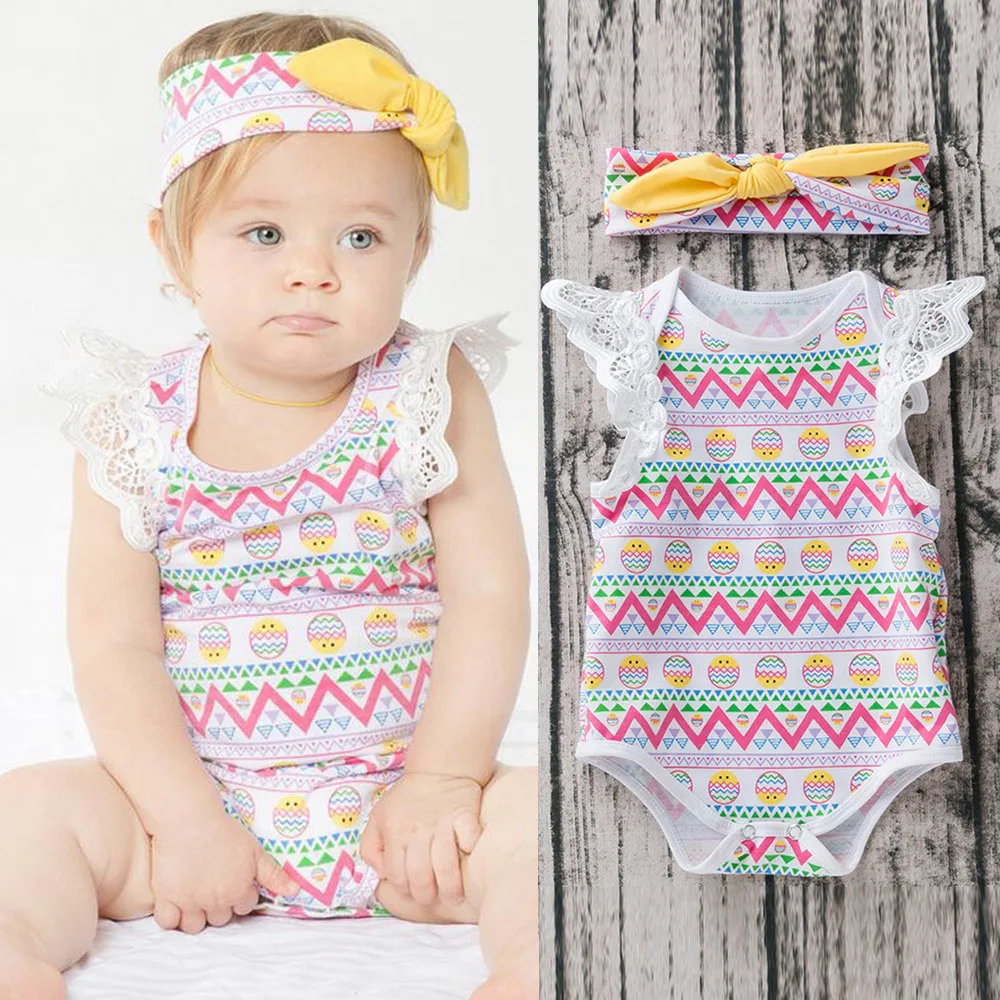 Baby Boy Girls Easter Eggs Print Rompers+Headband 2 pcs Set Lace Ruffle Sleeves Outfits Newborn Infant Clothes