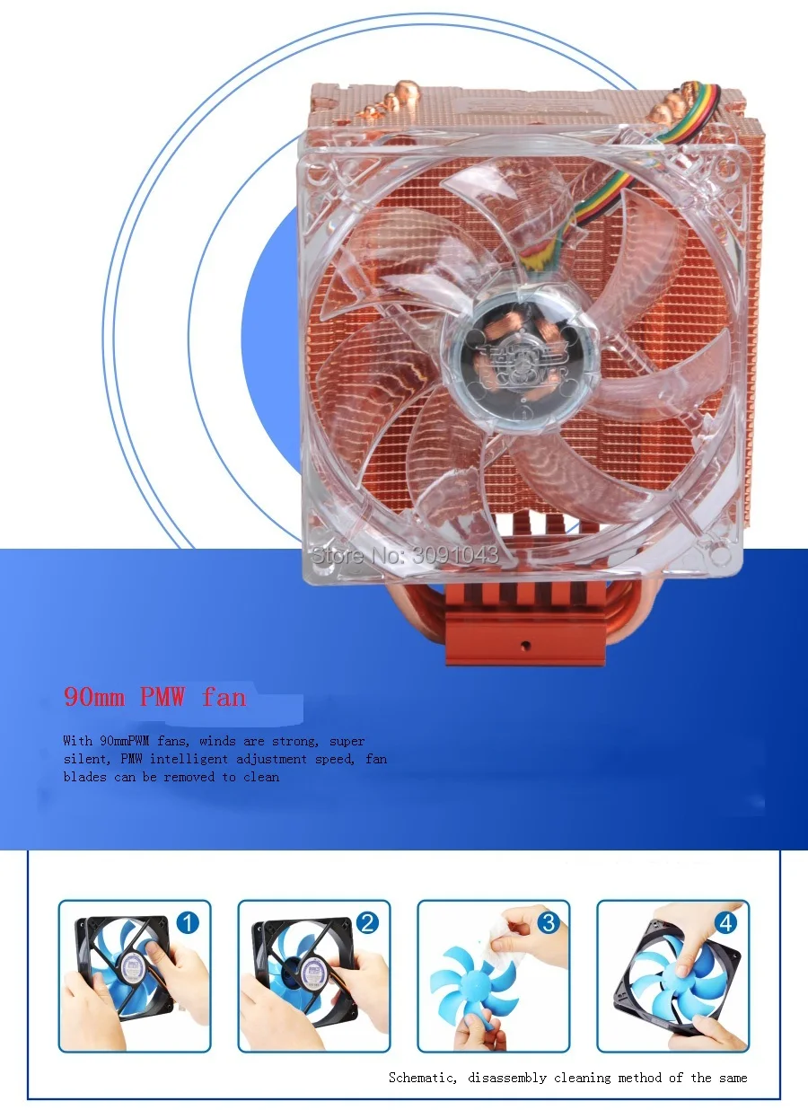 Pccooler кулер для процессора из чистой меди плавники, 4pin 9 см PWM тихий вентилятор для AMD Intel LGA775 115x2011 компьютер PC процессор охлаждения вентилятор радиатора