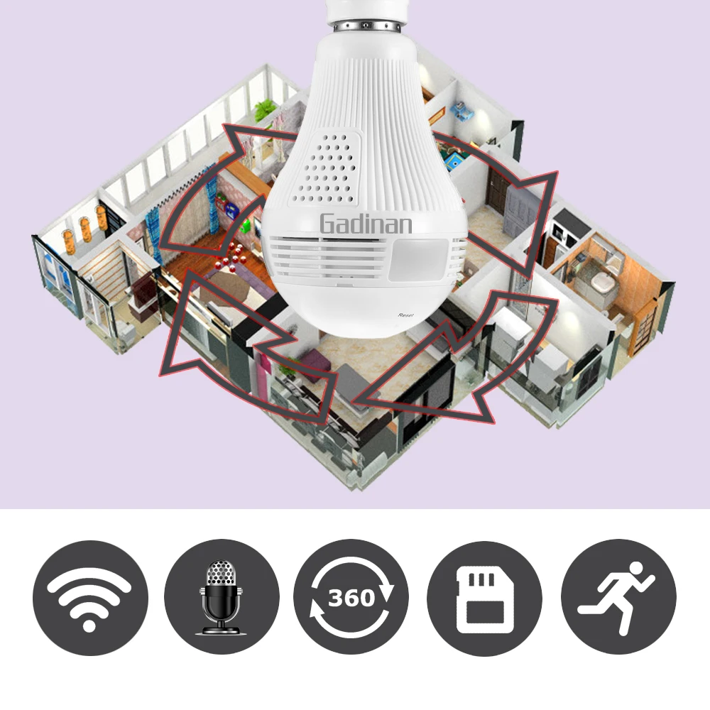 GADINAN 360 градусов панорамная камера 5MP 3MP 1080P 960P беспроводная WIFI с лампочкой Мини