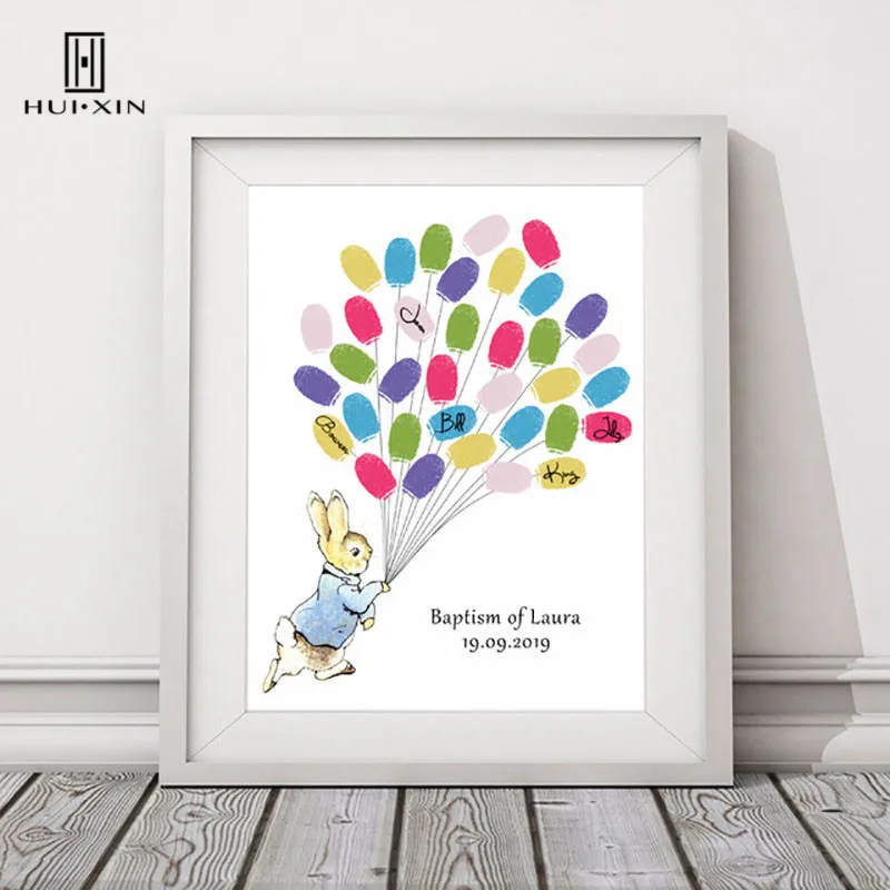

A Cute Runnig With Ballon Canvas Free Custom Names Date Print Fingerprint Guest Book For Kids Baptism Birthday Party Decor