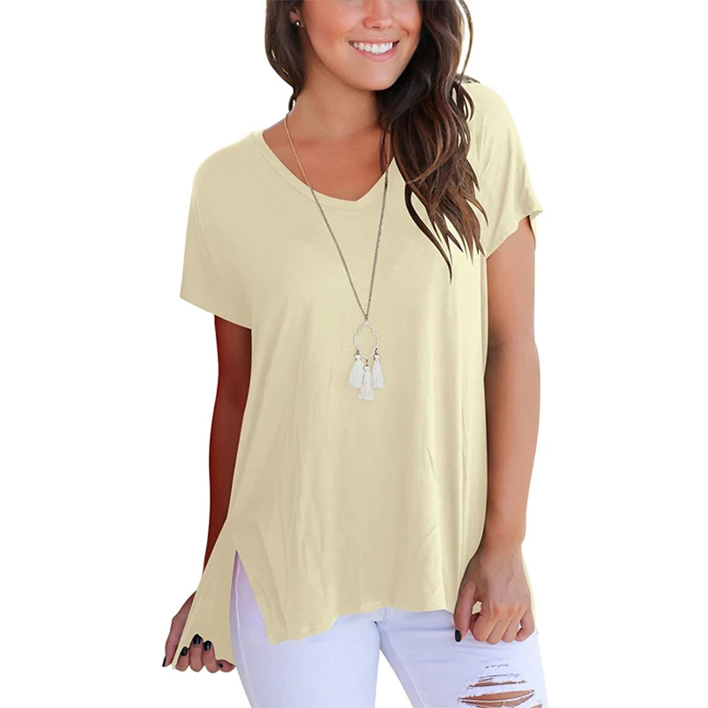 Women's Short Sleeve High Low Loose T Shirt Basic Tee Tops With Side