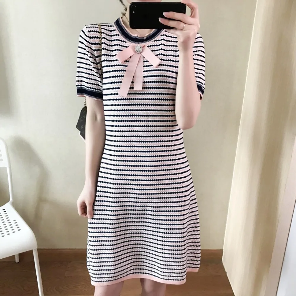 

New Knitted Dress Women Casual Pullover Contrast Color Striped Short Sleeves Sweater Vestidos With Bow Knee Length Summer Dress