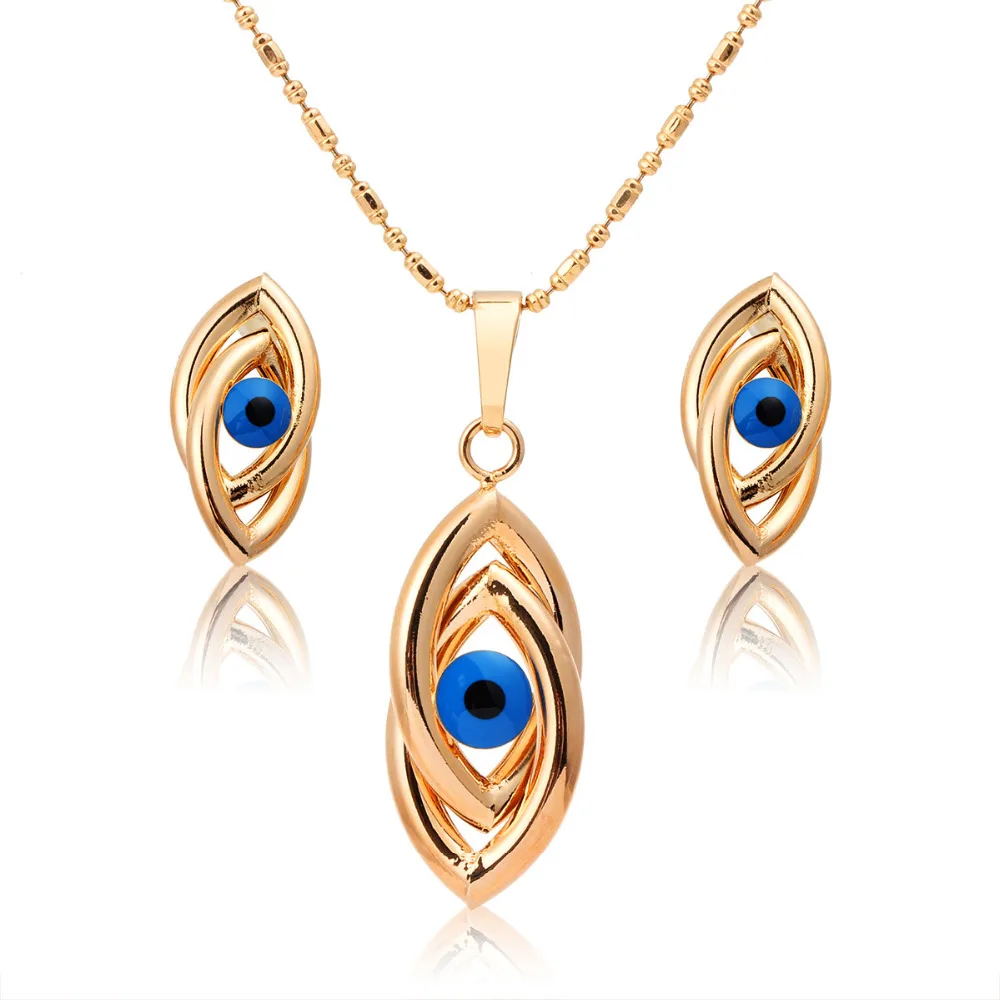 new Double Twisted Blue Evil's Eyes Jewelry Sets Gold Color Pendant Necklace Stud Earrings for Women Girls Jewellery | Украшения и