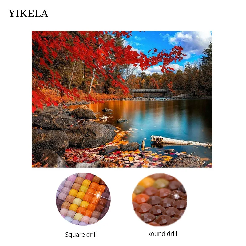 

DIY Diamond Painting maple Lake Scenery Cross Stitch Needlework Red Leaf Diamond Embroidery Home Decoration Diamond