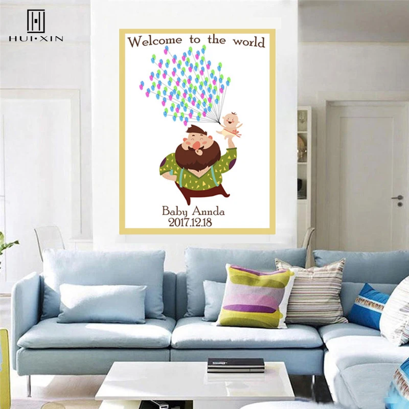 

Creative DIY Design Fingerprint Guest Book Cartoon Giant Man Holding up a Baby Special Souvenir Best Gift for Baby Shower Party