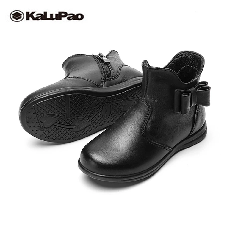 

KALUPAO Children Girls Leather Boots with Fur Short Plush Autumn Winter Girls Princess Boot Flats Rubber Girl Ankle Boots Child