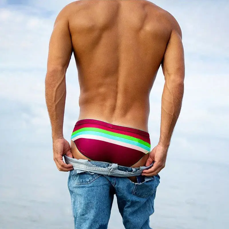 Men Swim Briefs Striped Low Waist Breathable Shorts Elastic Cotton Beach Trunks Swimwear Swimsuit Pants Underwear Beach Wear