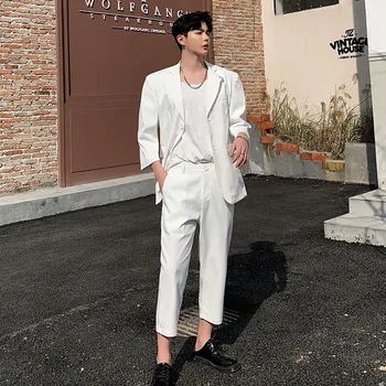 

Men Suits Sets 2PCS (jacket+pant) Male Streetwear Vintage Fashion Slim Fit Business Casual Suit Blazer Jacket Pants Red White