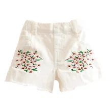 Летние джинсовые шорты для маленьких девочек модные корейские джинсы с цветочной вышивкой для девочек Размеры 3, 4, 5, 6, 7, 8 лет, детские шорты с эластичной резинкой на талии