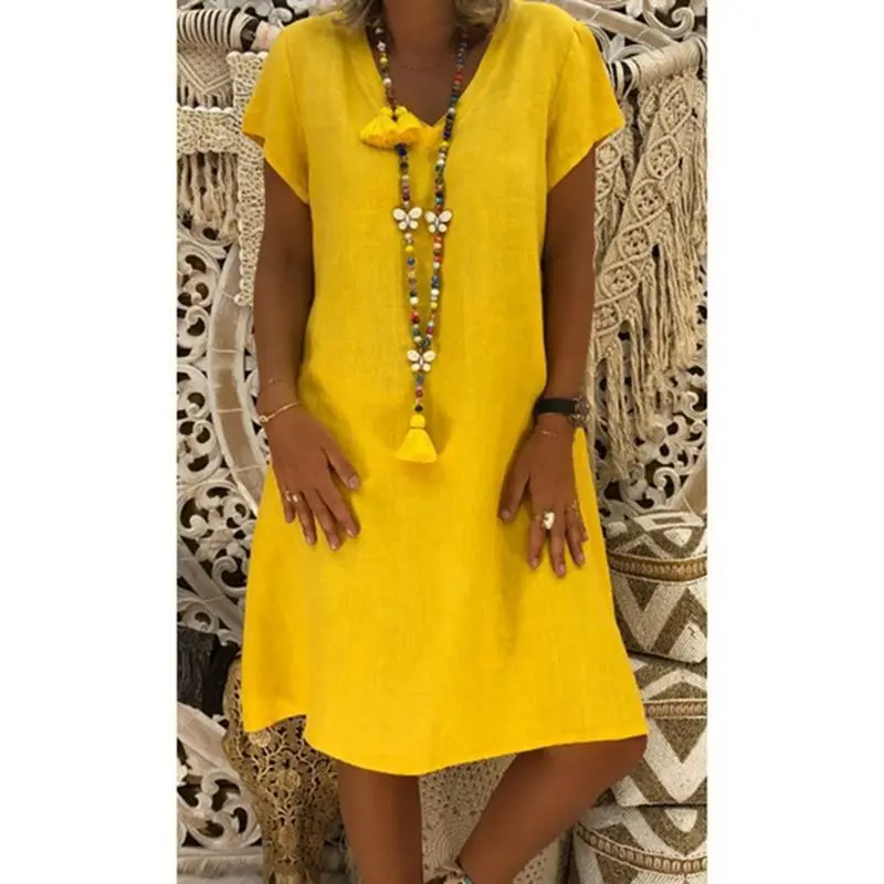 

Plus Size 5XL Cotton Linen Solid Dress Women Summer Dress 2019 Short Sleeve V-Neck Casual Loose Dress Feminino Vestidos