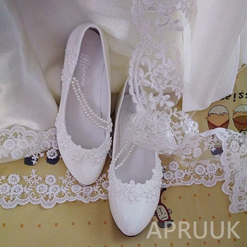 

3CM low heel white lace flower pearl wedding shoes bride size 35-40 fashion design woman's beading strap bridal flower girl shoe