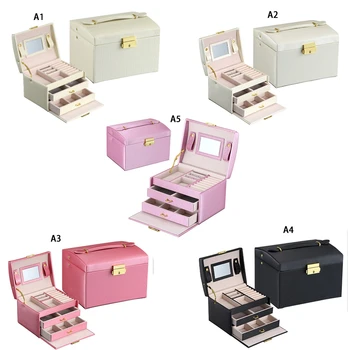 

3-Layer PU Leather Jewelry Box With Mirror Travel Organizer Women Earring Ring Necklace Bracelet Storage Display Cases With Lock