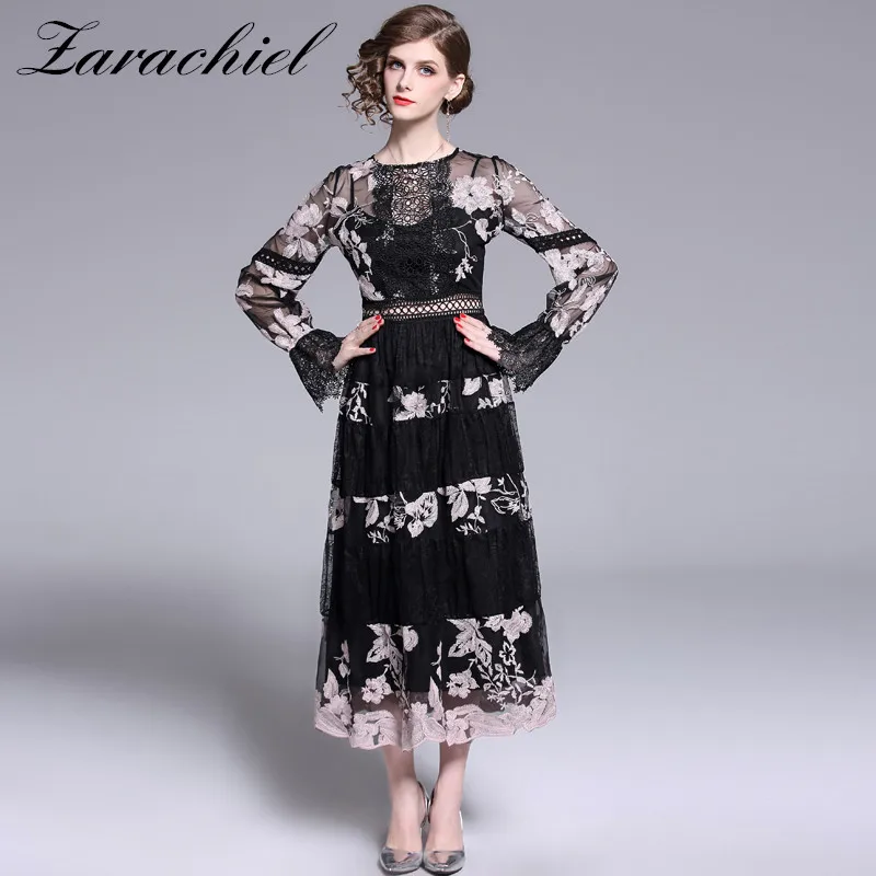 

Runway Vintage Mesh Patchwork Pink Floral Embroidery Long Dress 2019 Summer Women Hollow Out Lantern Sleeve One-Piece Maxi Dress