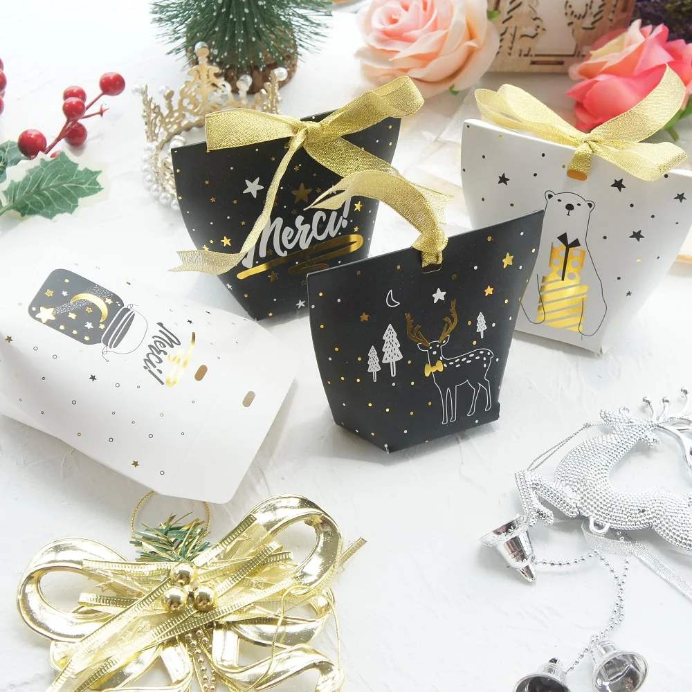 10 шт Золотой счастливый Рождественский медведь Лось бумажная коробка в подарок для конфет и печенья Сладкая упаковка стаканчики для вечеринки, подарков DIY использование