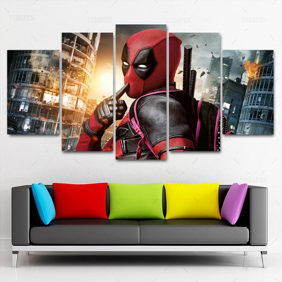 

Movie Poster 5 Piece Deadpool Splash Art Painting Modern Canvas Modular Framework Picture HD Printed Home Decorative Wall Art