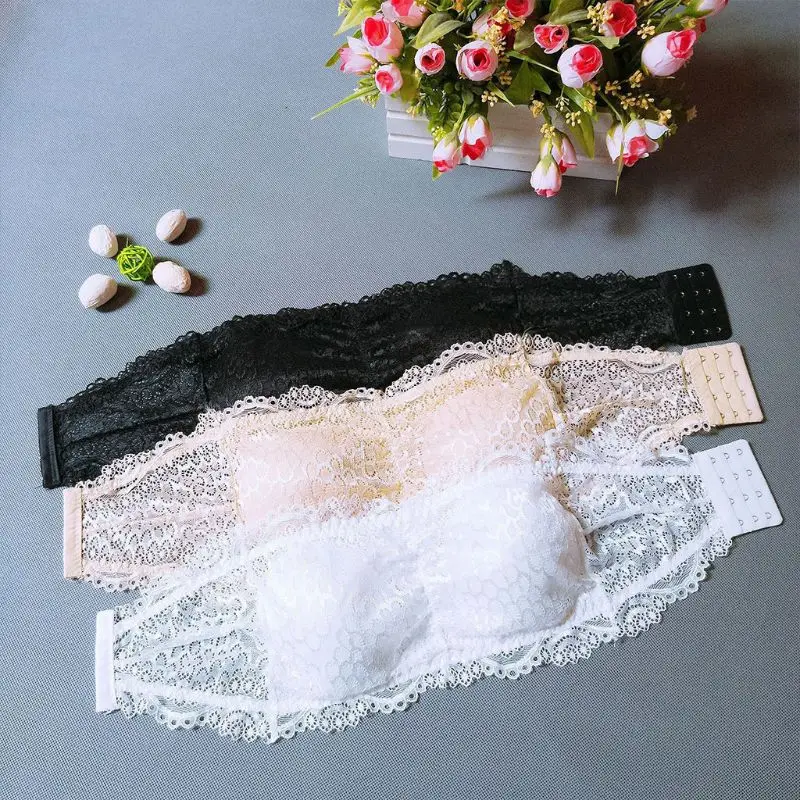 

2 Colors Womens Floral Lace Seamless Bandeau Wire Free 4-Hook Bralette Strapless Tube Top