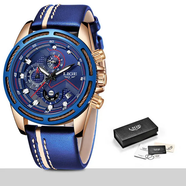 Lige мужские часы модные спортивные кварцевые часы кожаные мужские s часы лучший бренд роскошные золотые водонепроницаемые часы бизнес класса Relogio Masculino - Цвет: All blue