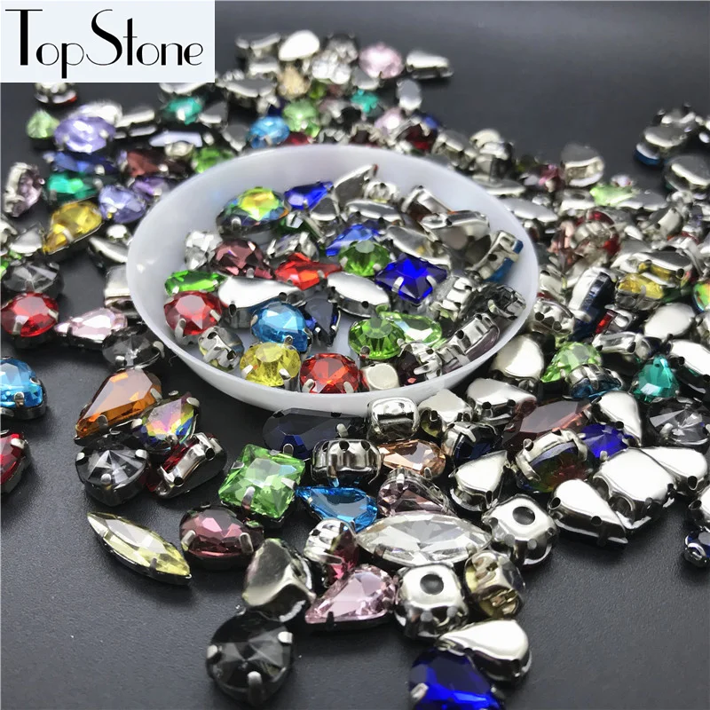 

100pcs Mix colors sizes shapes Sew On Stones Sewing Glass Crystal Beads with Metal claw setting For jewelry,dress decoration