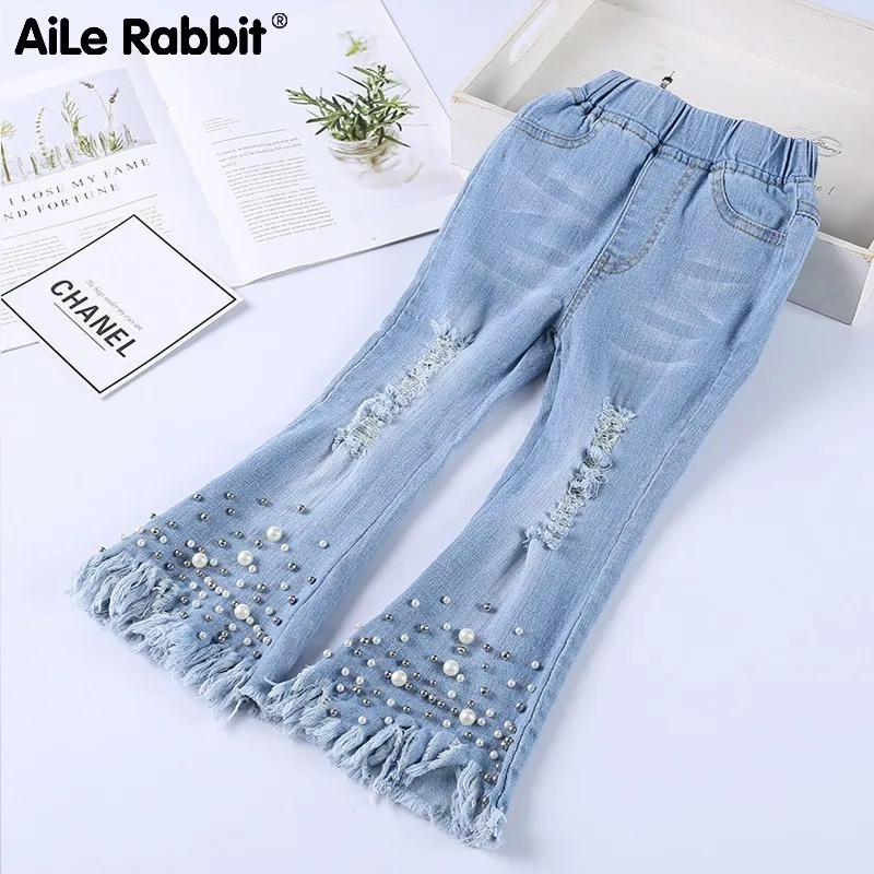 

Aile Rabbit 2019 Autumn New Girls Jeans Pearl Bright Diamond Hole Fashion INS Style European And American Children's Trousers