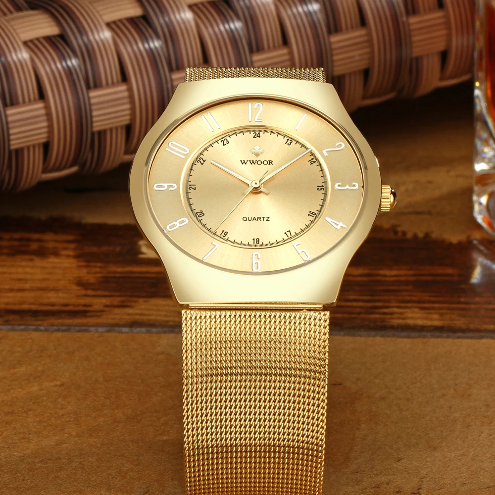 Ультра-тонкие Брендовые Часы WWOOR мужские водонепроницаемые кварцевые часы сетчатый ремень роскошные простые часы мужские золотые наручные часы