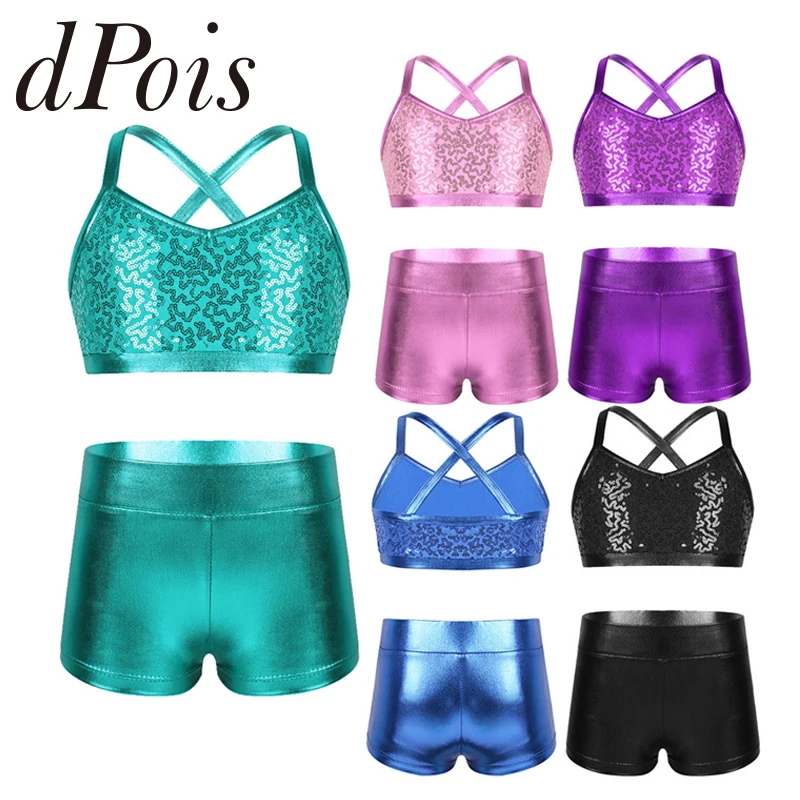 MSemis Kids Girls Glittery Sequins Halter Neck Crop Top Performance Ballet Dance Dancewear Athletic Sports Bra