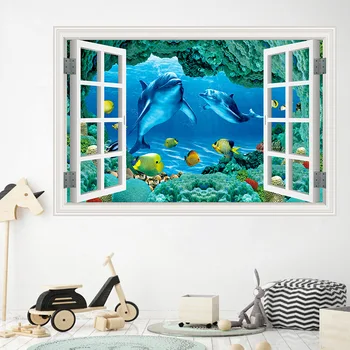 

3D Removable Underwater Fish Dolphin 3D Window Scenery Wall Sticker Home Decor Decals Mural Waterproof Art Wall Paper Poster