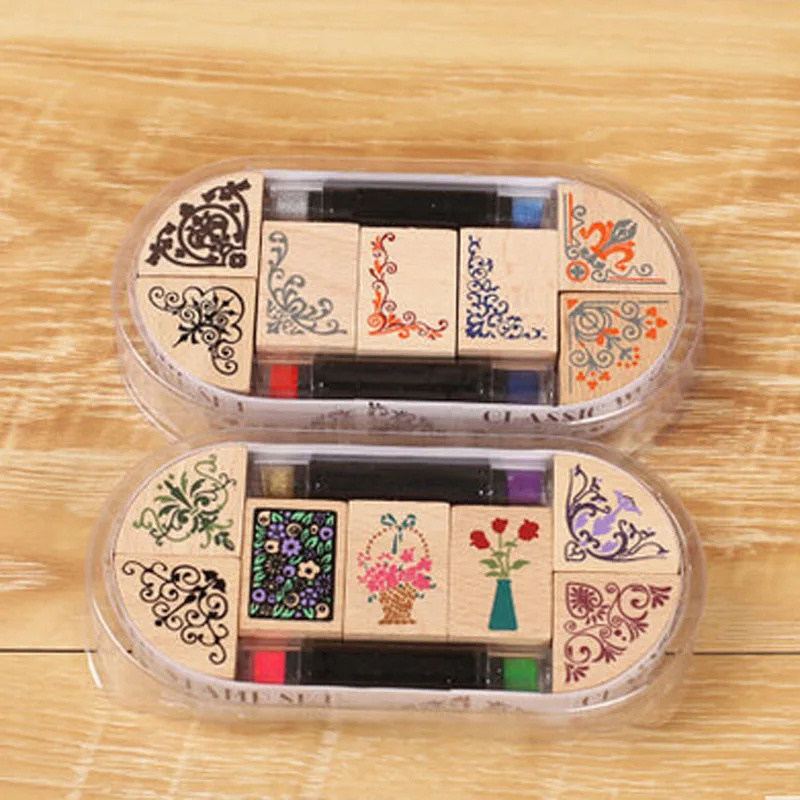 

New vintage flowers angle lace wooden stamp One set=7pcs stamps + 2 free ink pad pen Scrapbooking decoration H053