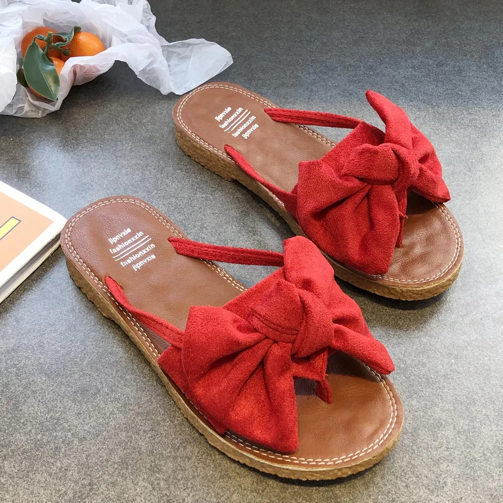 

Solid Color Summer Bow Tie Flat Heel Women Slipper Fashion Beach Shoes Casual Home Open Toe Ladies Slippers chanclas de mujer