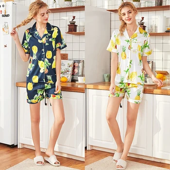 

Roseheart Spring White Women Sleep Pajama Sets Sleepwear Printed Suits Nightgown Suits Faux Silk Plus Size M L XL 2 Piece Pajama