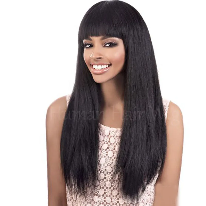 8A Remy Hair Coarse Yaki Kinky Straight Lace Wigs With Bangs Italian