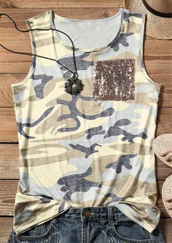 

Fashion Women Tanks Female Camouflage Camis Casual Sleeveless Tops For Summer Sequined Pocket Tops Tee 2019 Camouflage Tees