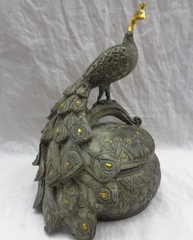 

song voge gem S2907 10" Chinese Bronze Gilt Peafowl Peacock Head Statue Box Incense Burner Censer