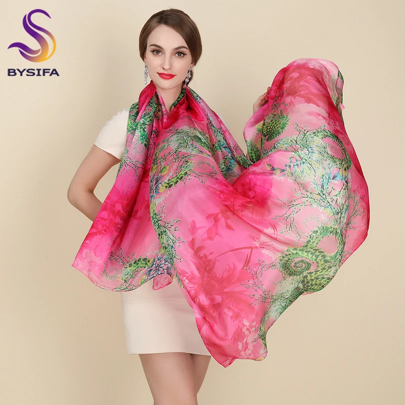 

[BYSIFA] Women Pink Scarves Wraps Printed 200*110cm Fashion Accessories Long Silk Scarf Cape Summer Shade Shawl Beach Cover-ups