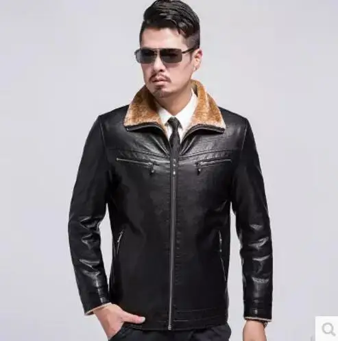 Black HOT Горячее предложение белый мех один кусок Мужская мотоциклетная кожаная одежда куртка плюс бархат утолщение мужская верхняя одежда - Цвет: Black