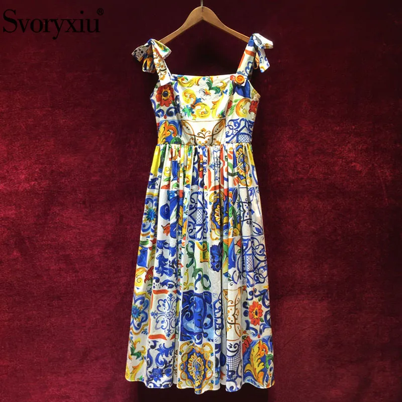 

Svoryxiu Runway Custom Summer Cotton Dress Women's High Quality Painted Pottery Printed Bow Spaghetti Strap Party Long Dress