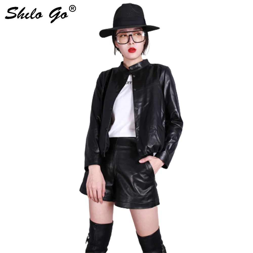 SHILO GO Leather Jacket Womens Spring Fashion sheepskin genuine leather Coat stand collar single breasted Casual loose coat