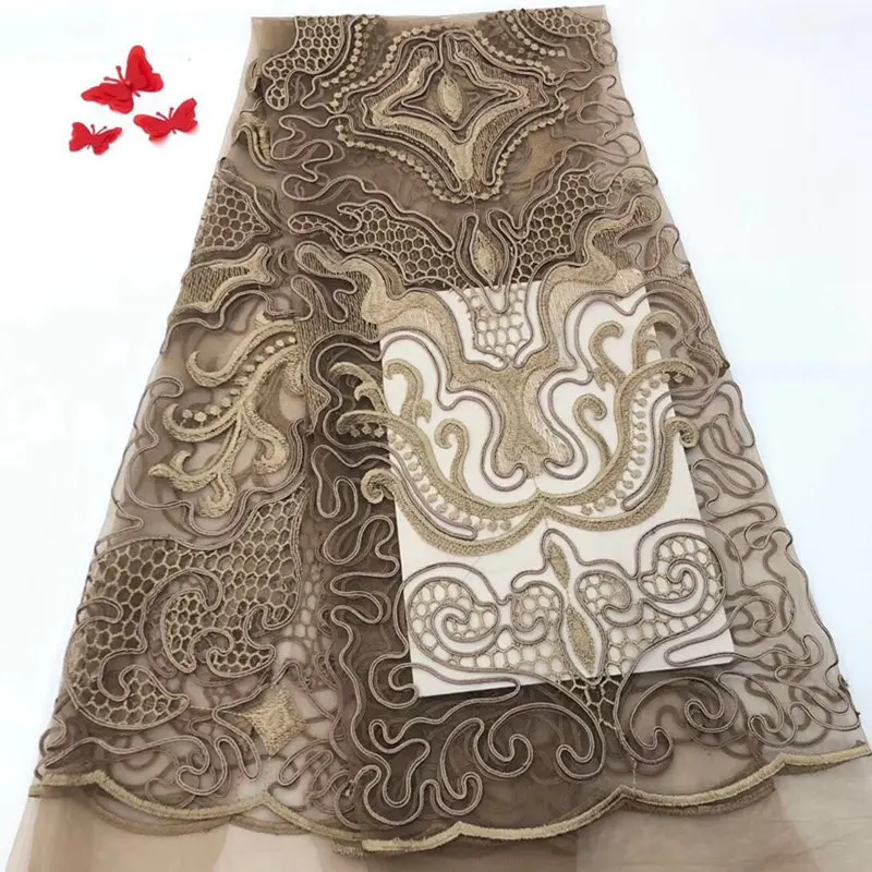

Nigerian lace fabric royal blue floral embroidery gauze lace wedding dress