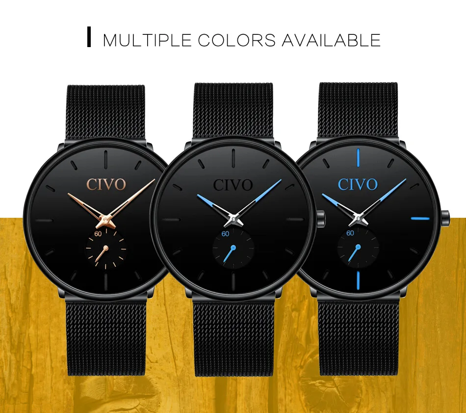 CIVO Черные Сетчатые часы из нержавеющей стали мужские топ брендовые кварцевые наручные часы для мужчин водонепроницаемые ультра тонкие минималистичные часы