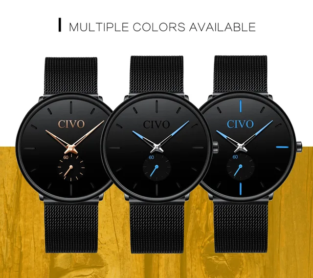 CIVO Fashion Watch Men Waterproof Slim Mesh Strap Minimalist Wrist Watches For Men Quartz Sports Watch Clock Relogio Masculino -